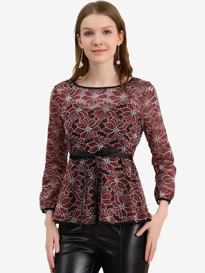 Elegant Tie Waist Long Sleeve Top Lace Peplum Blouses