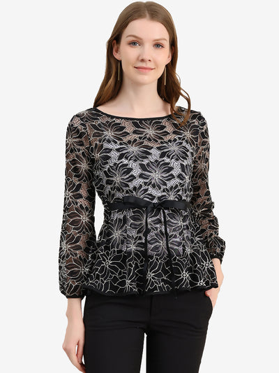 Elegant Tie Waist Long Sleeve Top Lace Peplum Blouses