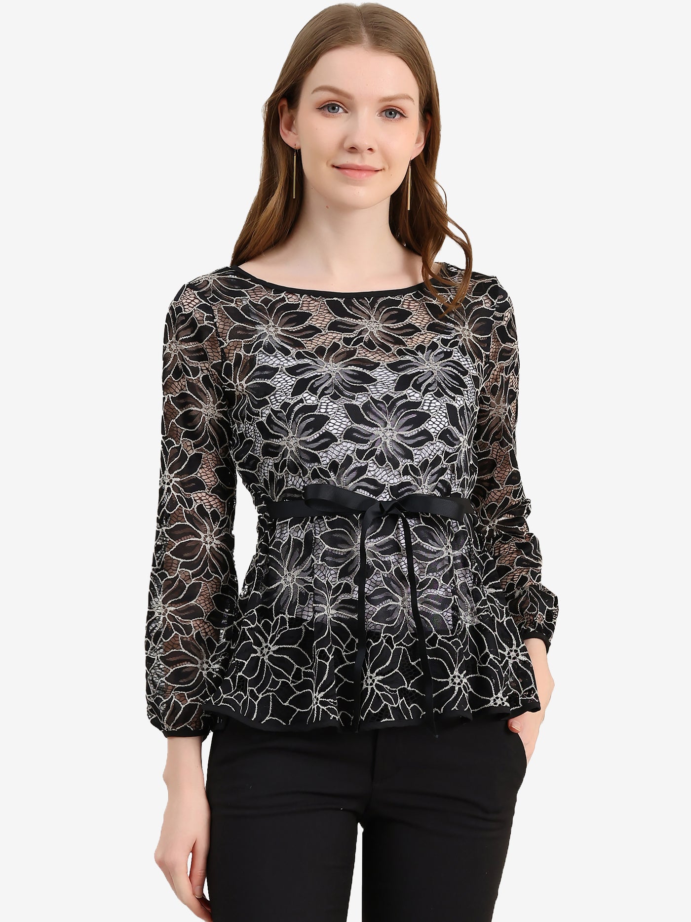 Allegra K Elegant Tie Waist Long Sleeve Top Lace Peplum Blouses