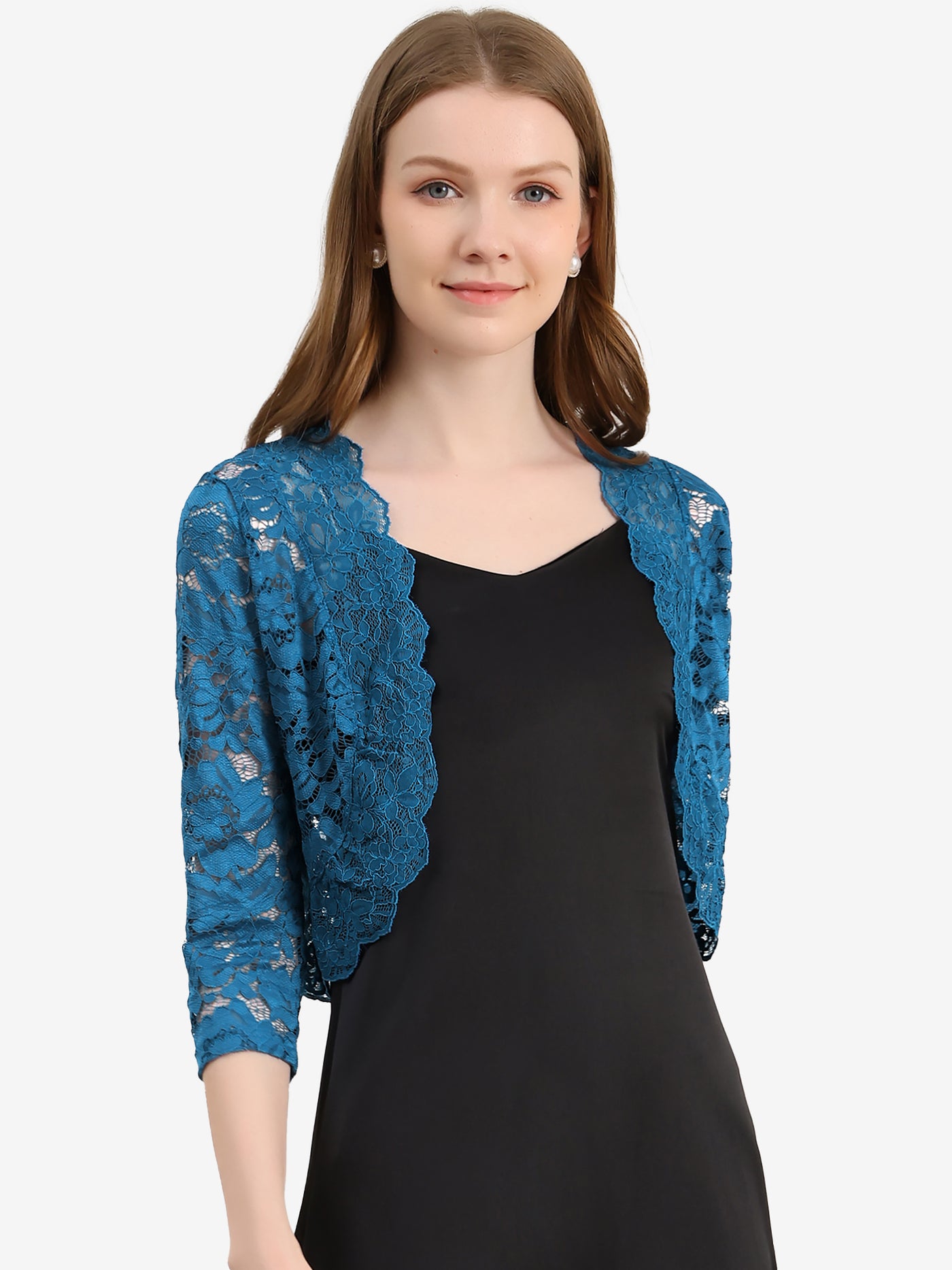 Allegra K 3/4 Sleeves Sheer Floral Lace Cropped Bolero Shrug