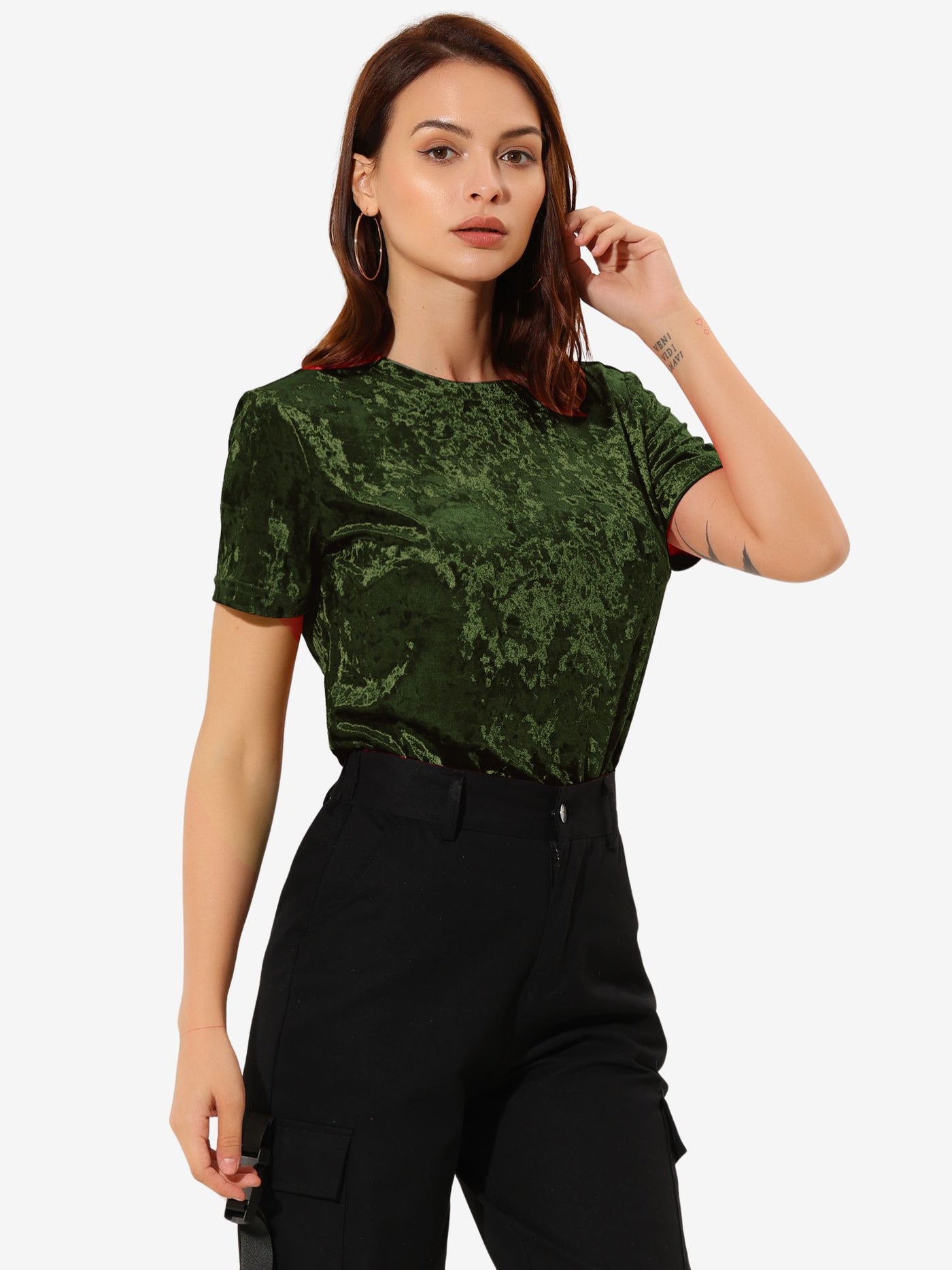 Allegra K Velvet Top Crew Neck Short Sleeve Casual T-Shirt