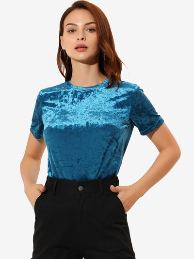 Allegra K Velvet Top Crew Neck Short Sleeve Casual T-Shirt