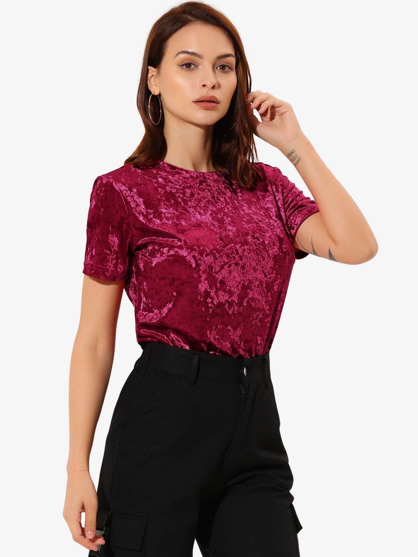 Allegra K Velvet Top Crew Neck Short Sleeve Casual T-Shirt