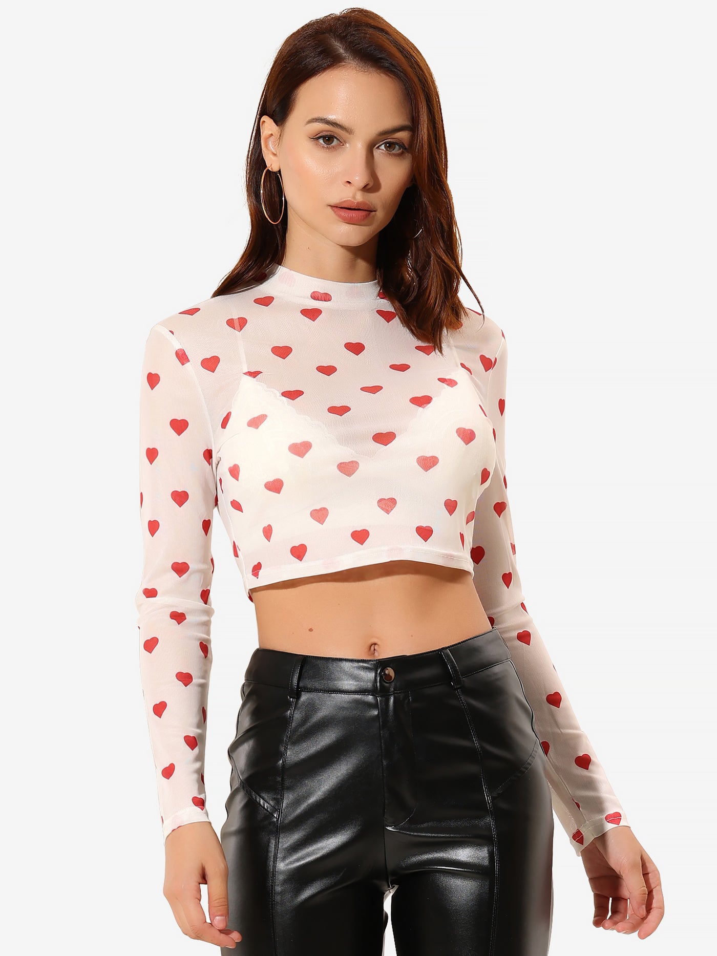 Allegra K Semi-Sheer Sexy Heart Mesh Crop Top Long Sleeve Blouse