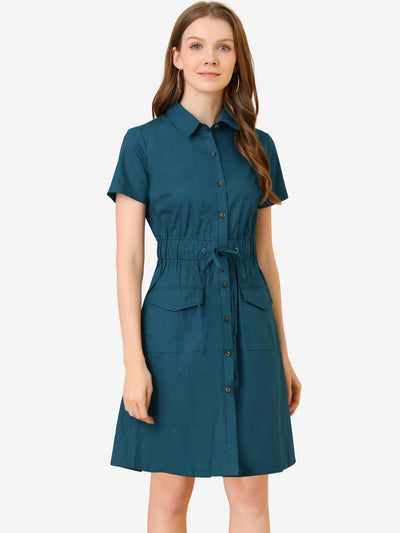 Allegra K Cotton Button Down Lace-Up Collar Cargo Shirt Dress