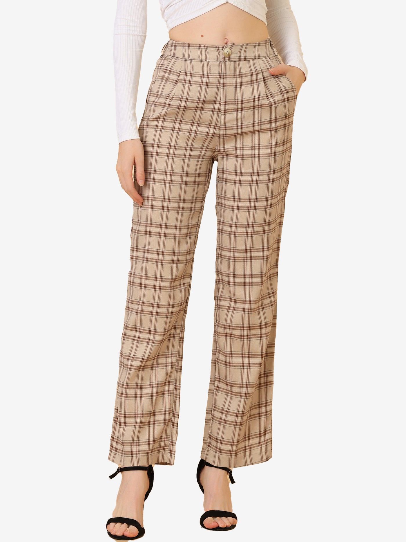 Allegra K Plaid Pants Elastic Waist Casual Work Office Long Trousers