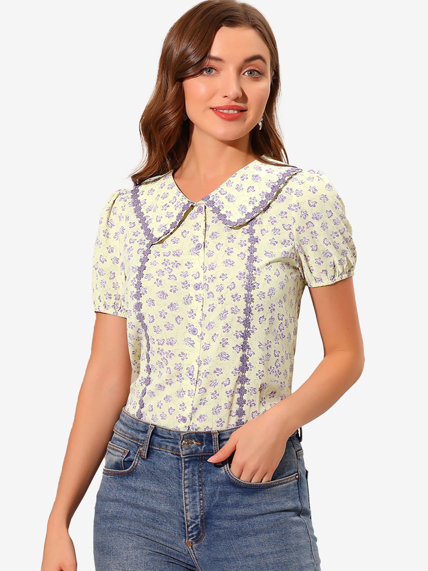 Allegra K Button Down Tops 1950s Peter Pan Collar Floral Blouse