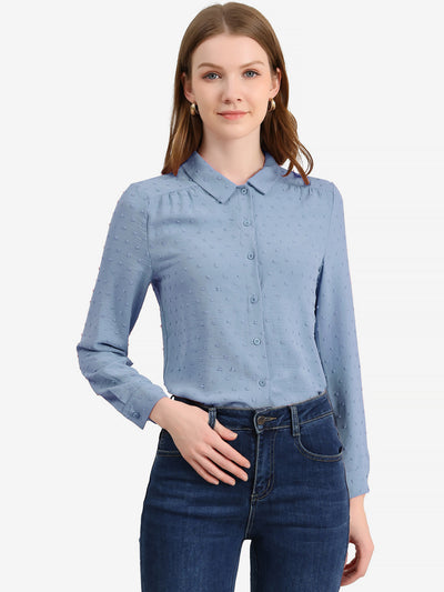 Office Point Collar Long Sleeve Swiss Dot Button Down Blouse