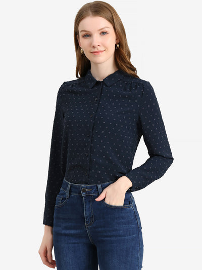 Office Point Collar Long Sleeve Swiss Dot Button Down Blouse