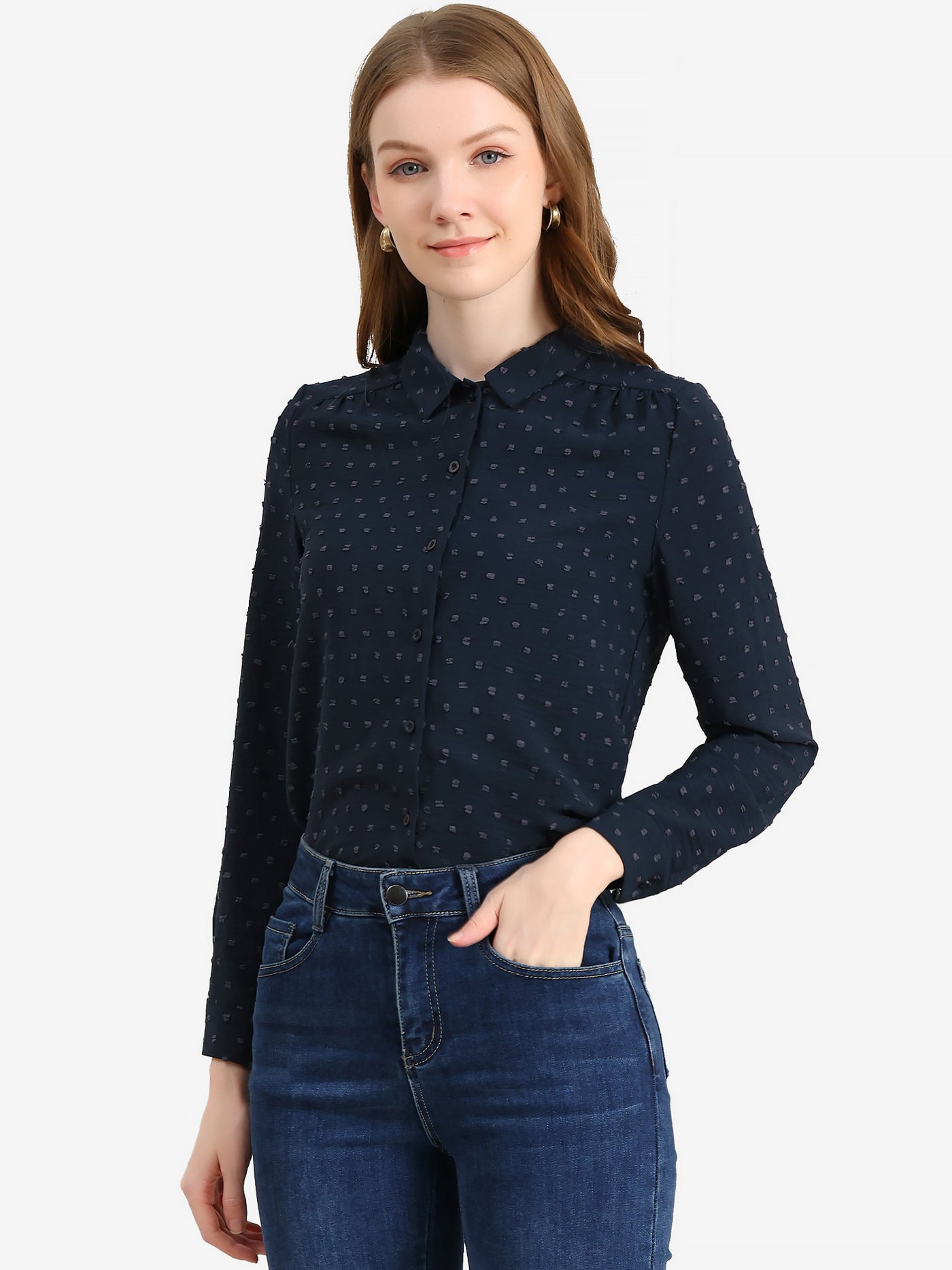 Allegra K Office Point Collar Long Sleeve Swiss Dot Button Down Blouse