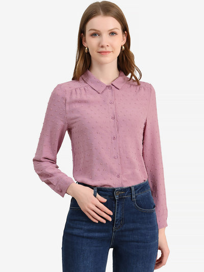 Office Point Collar Long Sleeve Swiss Dot Button Down Blouse