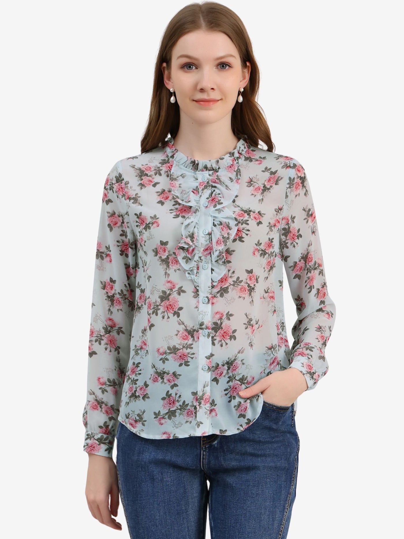 Allegra K Floral Long Sleeve Lightweight Retro Ruffled Button Chiffon Shirt