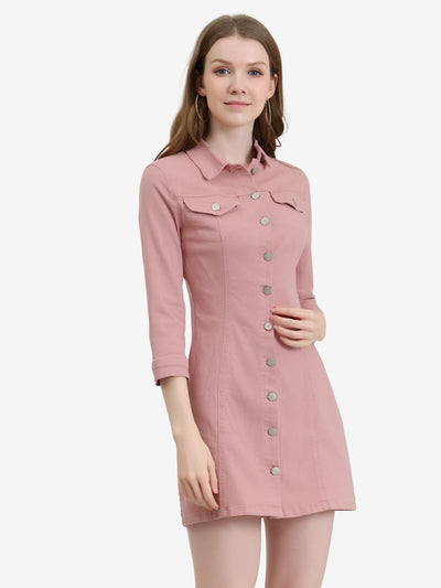 3/4 Sleeve Button Down Denim Shirt Dress