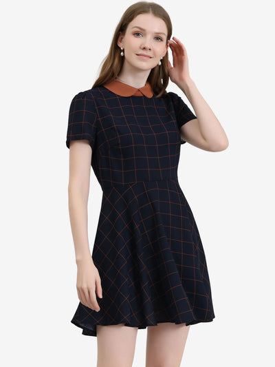 Plaid Grid Peter Pan Collar Contrast Short Sleeve A-line Dress