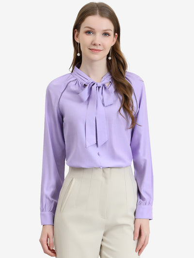 Office Long Sleeve Button Decor Elegant Bow Tie Neck Blouse