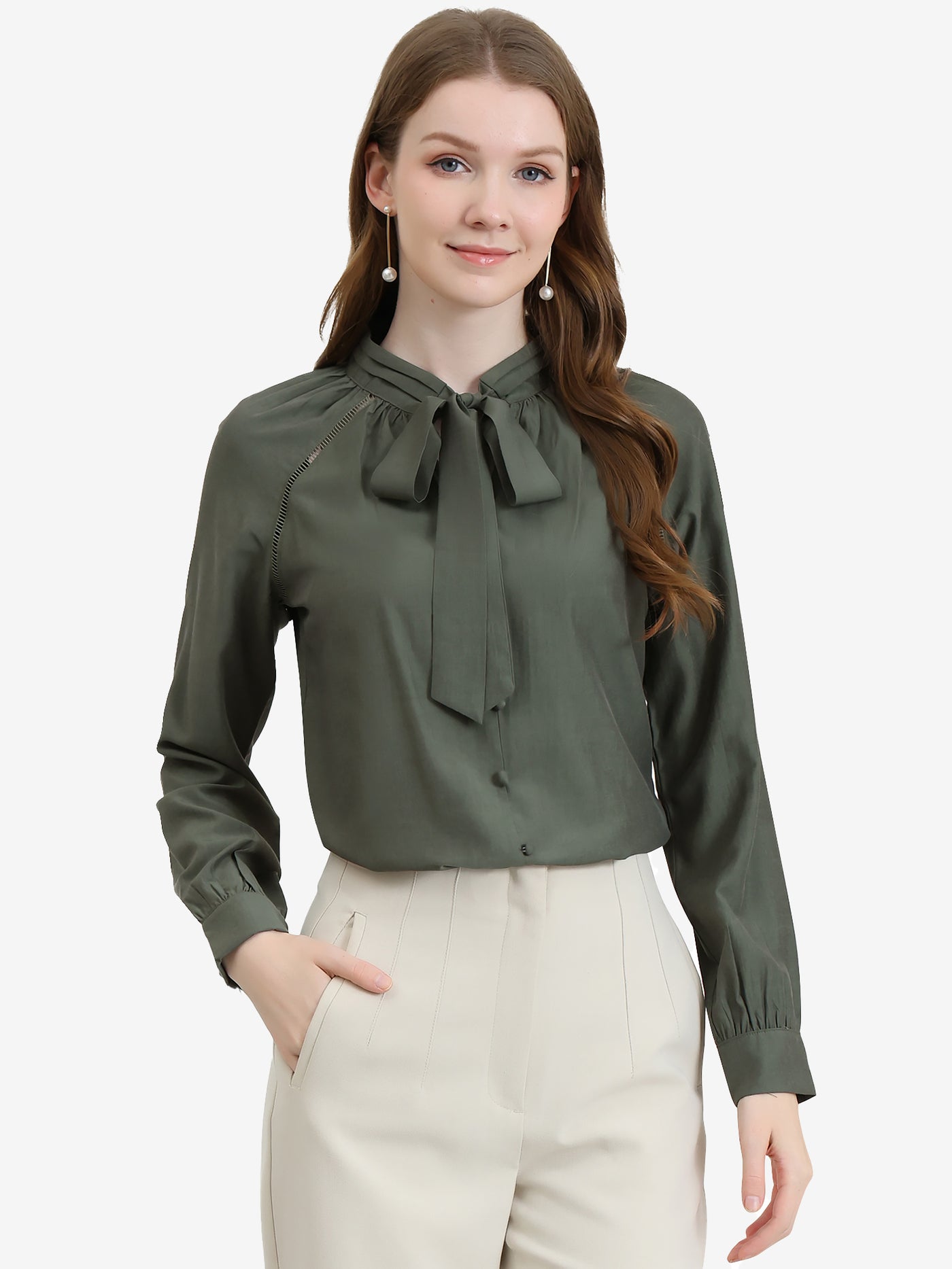 Allegra K Office Long Sleeve Button Decor Elegant Bow Tie Neck Blouse