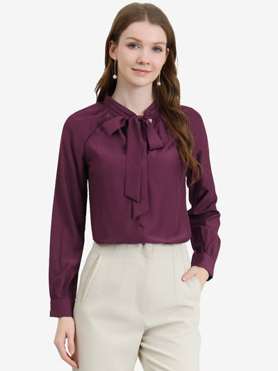 Office Long Sleeve Button Decor Elegant Bow Tie Neck Blouse