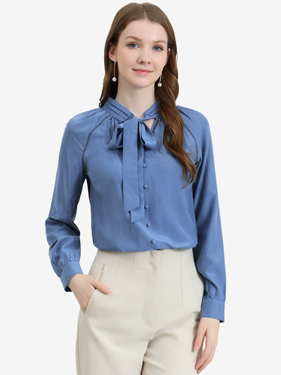 Office Long Sleeve Button Decor Elegant Bow Tie Neck Blouse