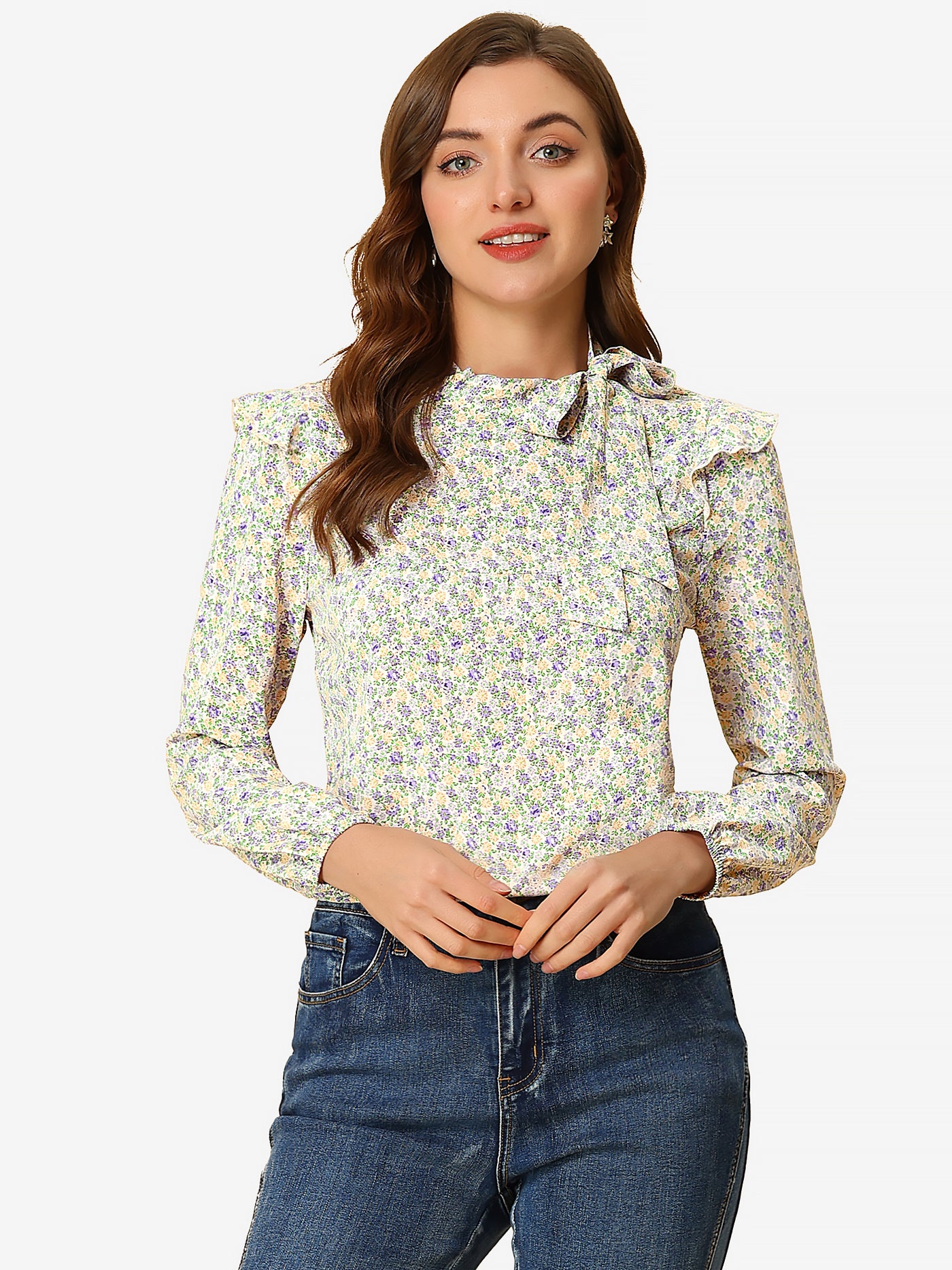 Allegra K Bow Tie Neck Long Sleeve Floral Ruffled Blouse