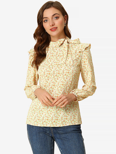 Bow Tie Neck Long Sleeve Floral Ruffled Blouse