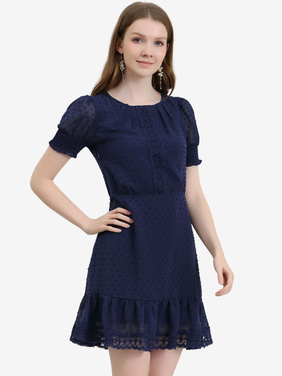Elegant Short Sheer Sleeve Ruffle Hem Swiss Dots Chiffon Dress