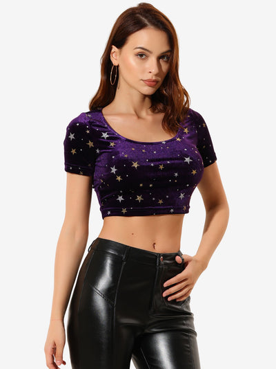 Christmas Velvet Scoop Neck Short Sleeve Slim Fit Crop Top