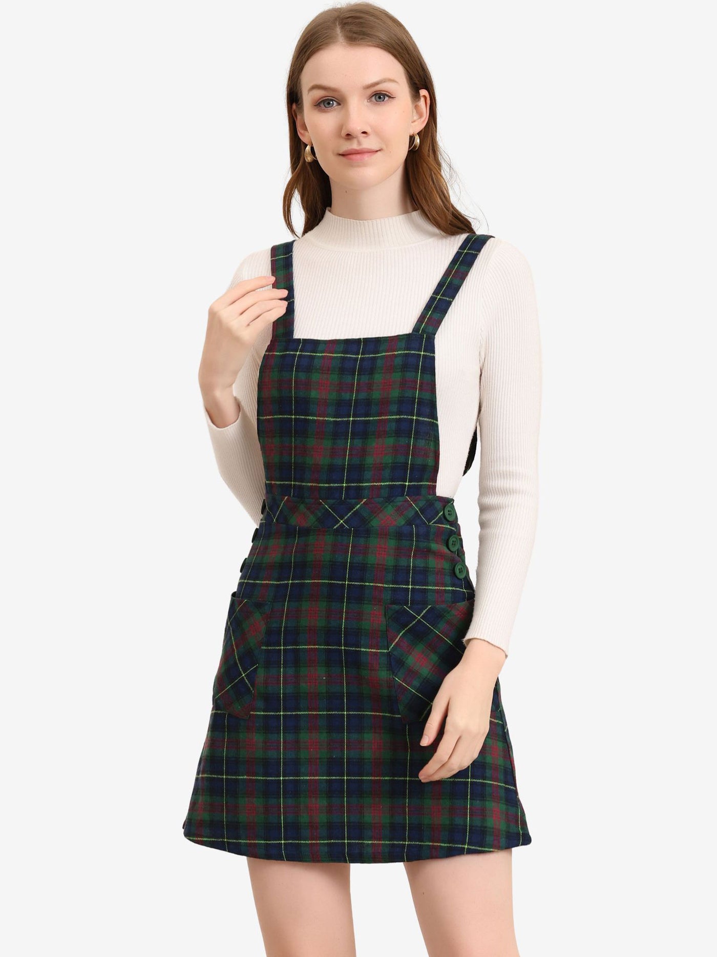 Allegra K Plaid Tartan Button Decor A-Line Pinafore Overall Dress