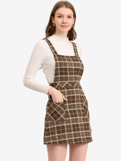 Plaid Tartan Button Decor A-Line Pinafore Overall Dress