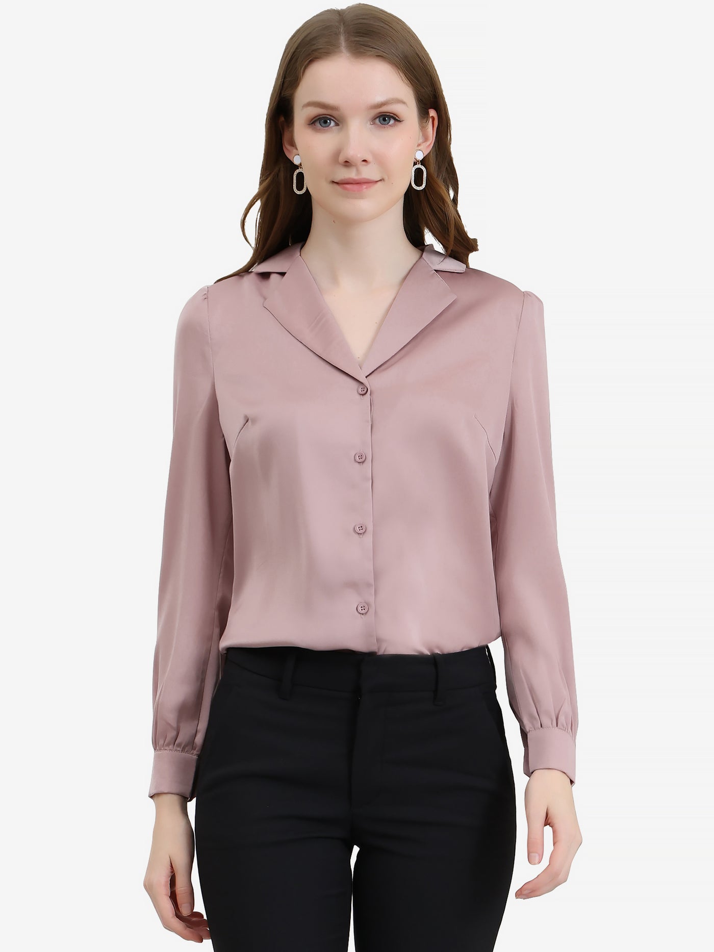 Allegra K Elegant Collar Blouse Long Sleeve Work Office Satin Button Down Shirt