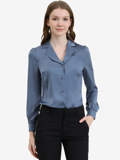 Elegant Collar Blouse Long Sleeve Work Office Satin Button Down Shirt