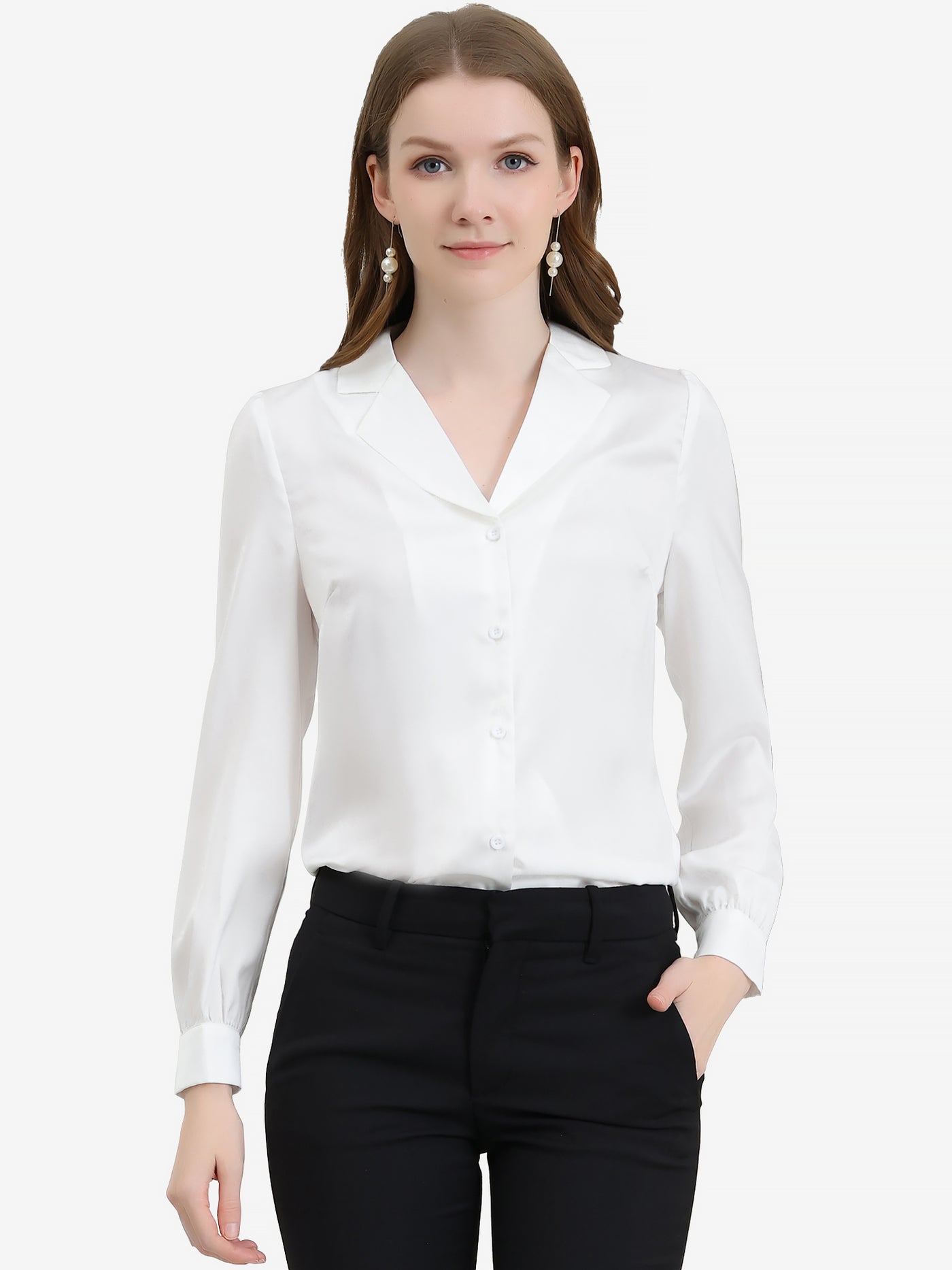 Allegra K Elegant Collar Blouse Long Sleeve Work Office Satin Button Down Shirt