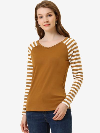 Striped Color Block Long Raglan Sleeve V Neck Baseball T-Shirt