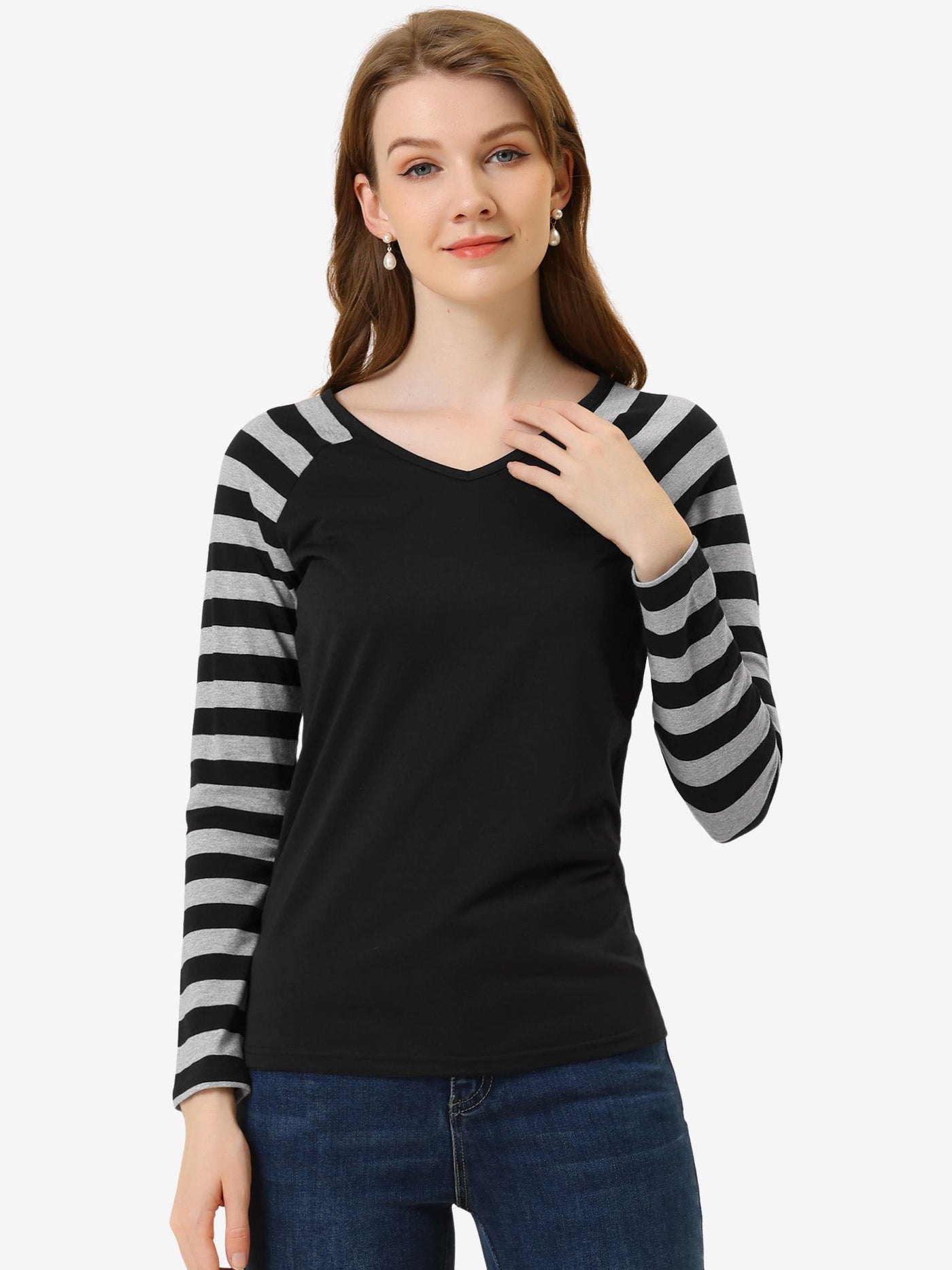 Allegra K Striped Color Block Long Raglan Sleeve V Neck Baseball T-Shirt