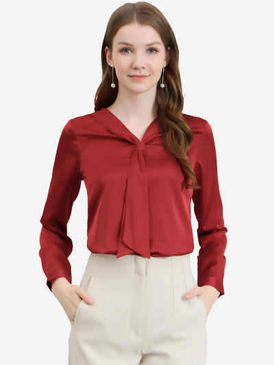 Satin Tie Neck Long Sleeve Solid Color Elegant Office Work Shirt Top