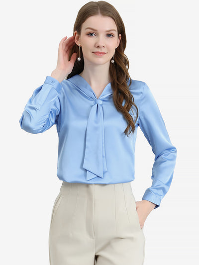 Satin Tie Neck Long Sleeve Solid Color Elegant Office Work Shirt Top