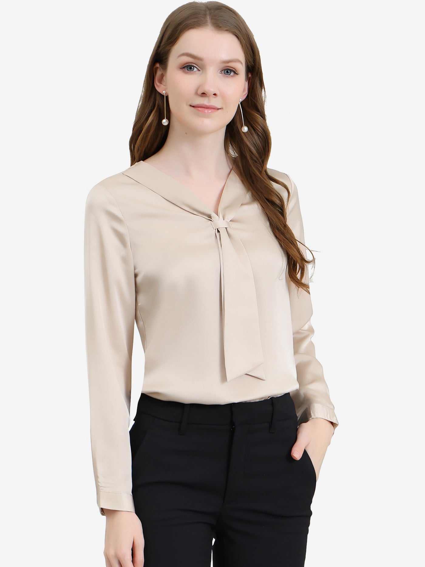 Allegra K Satin Tie Neck Long Sleeve Solid Color Elegant Office Work Shirt Top