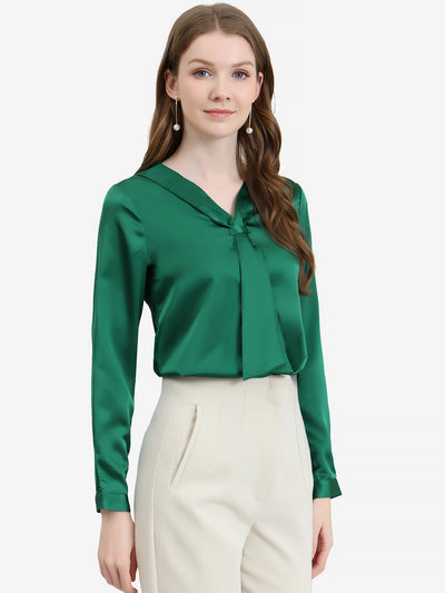 Satin Tie Neck Long Sleeve Solid Color Elegant Office Work Shirt Top