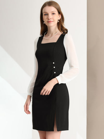 Elegant Ruched Side Contrast Panel Long Sleeve Square Neck Dress