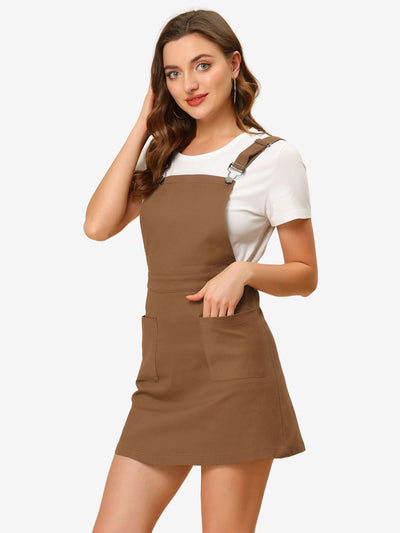 Adjustable Strap Suspender Skirt Pocket A-Line Pinafore Overall Dress