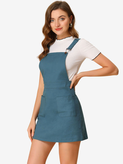 Adjustable Strap Suspender Skirt Pocket A-Line Pinafore Overall Dress