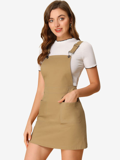 Adjustable Strap Suspender Skirt Pocket A-Line Pinafore Overall Dress