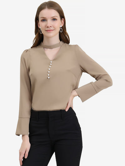 Choker Neck Cutout Button Decor Long Sleeve Chiffon Work Blouse