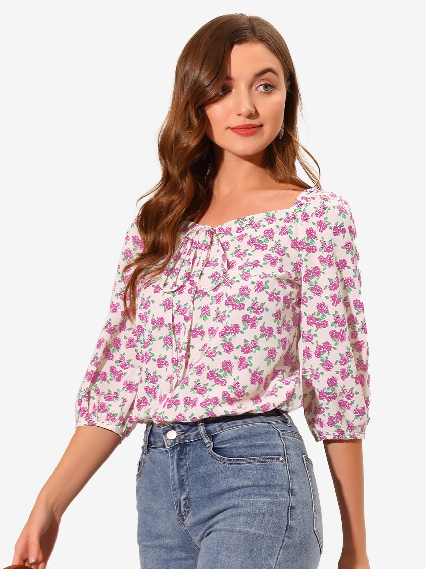 Allegra K Floral Square Neck Half Sleeve Print Summer Shirt Blouse