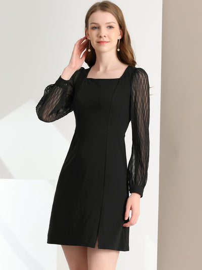 Elegant Mesh Sleeve Split Side A-Line Casual Square Neck Dress