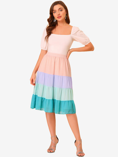 Tiered High Waist Contrast Chiffon Color Block Skirt