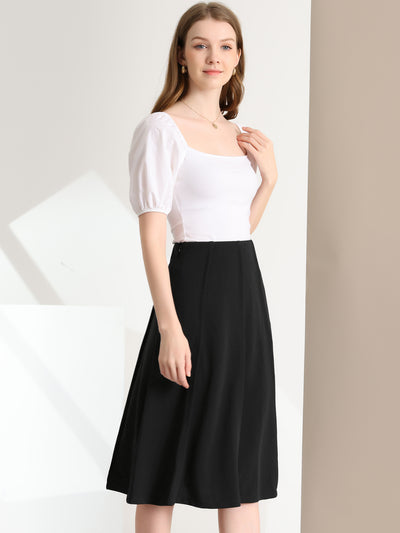 Business Casual High Waist Solid Pleated Below Knee Flared Skirt