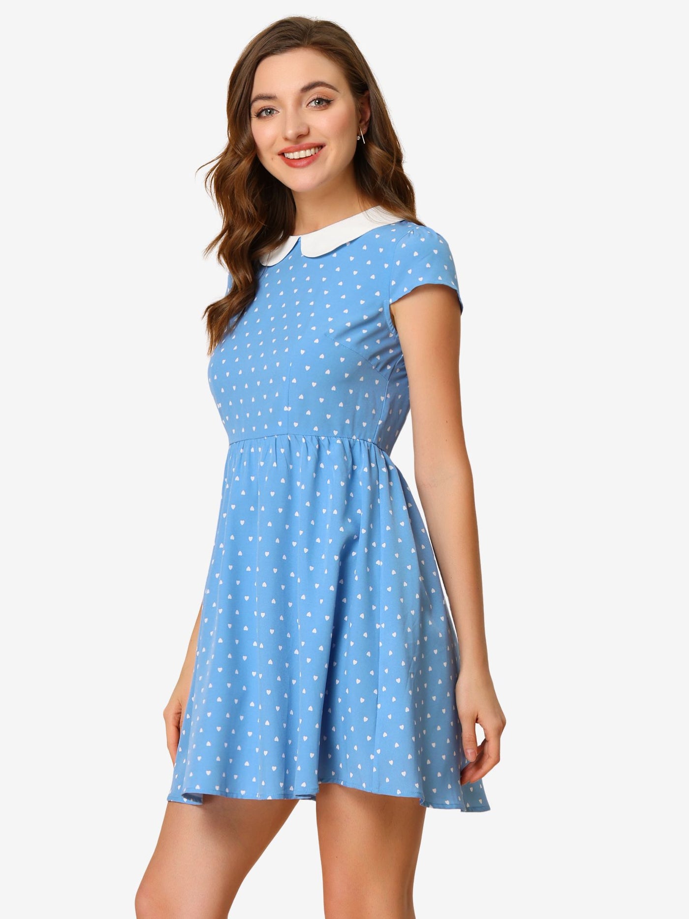 Allegra K Peter Pan Collar Short Sleeve Contrast A-Line Polka Dots Dress