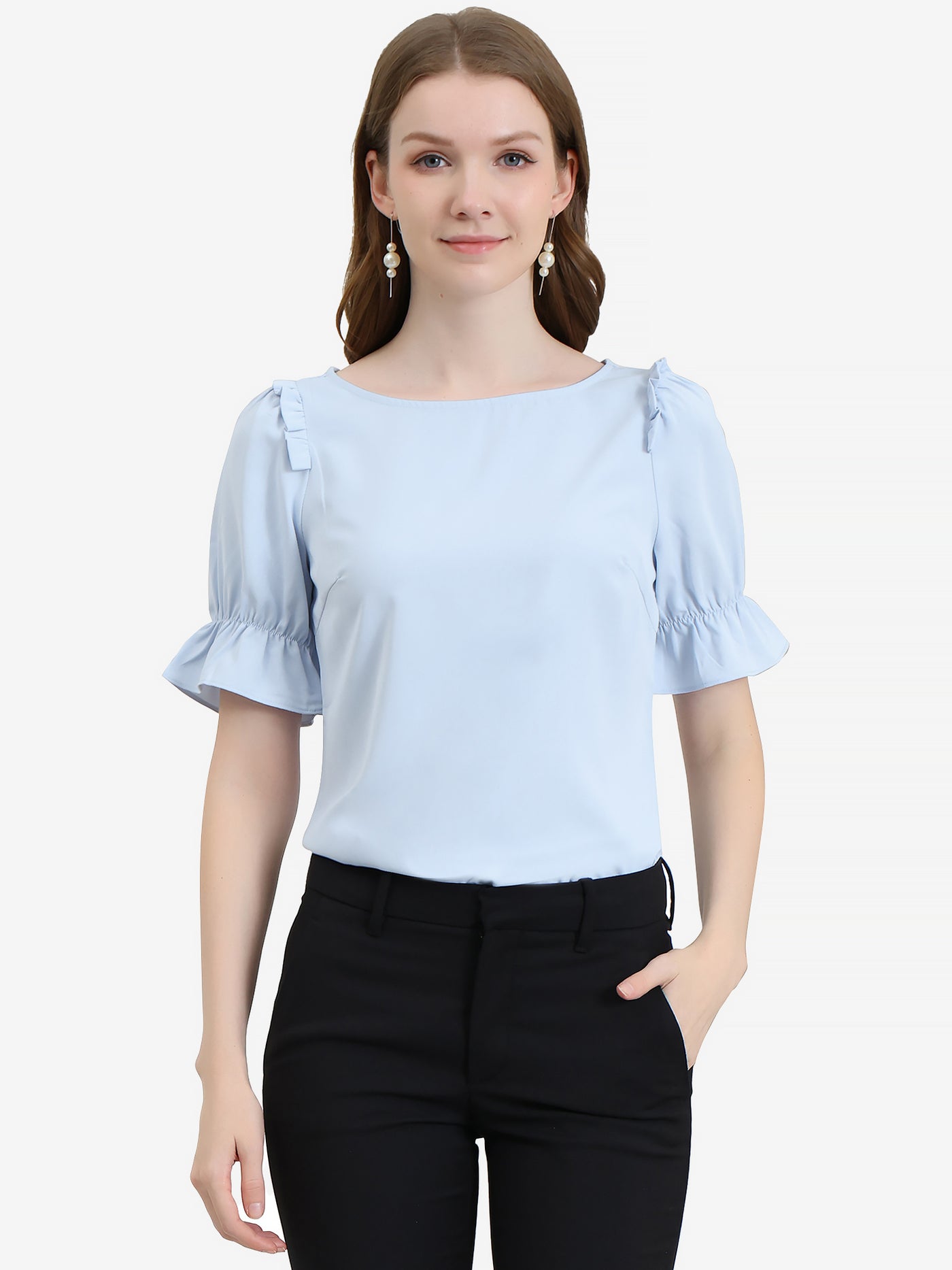 Allegra K Round Neck Short Puff Sleeve Ruffle Top Blouse