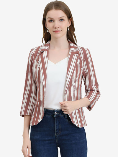 Striped 3/4 Sleeve Open Front Notched Lapel Blazer