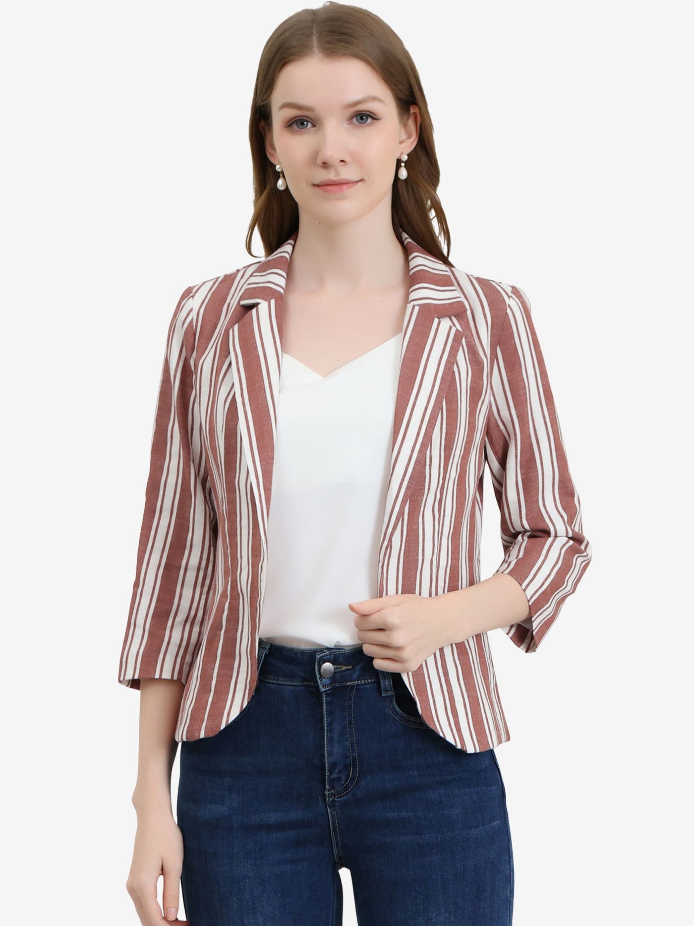 Allegra K Striped 3/4 Sleeve Open Front Notched Lapel Blazer